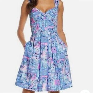 Lilly Pulitzer Cyndi Dress Whisper Blue Yeah Buoy Fit Flare Deep V-Neck